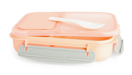 Photo of Plastic lunch box with knife and lid isolated on white