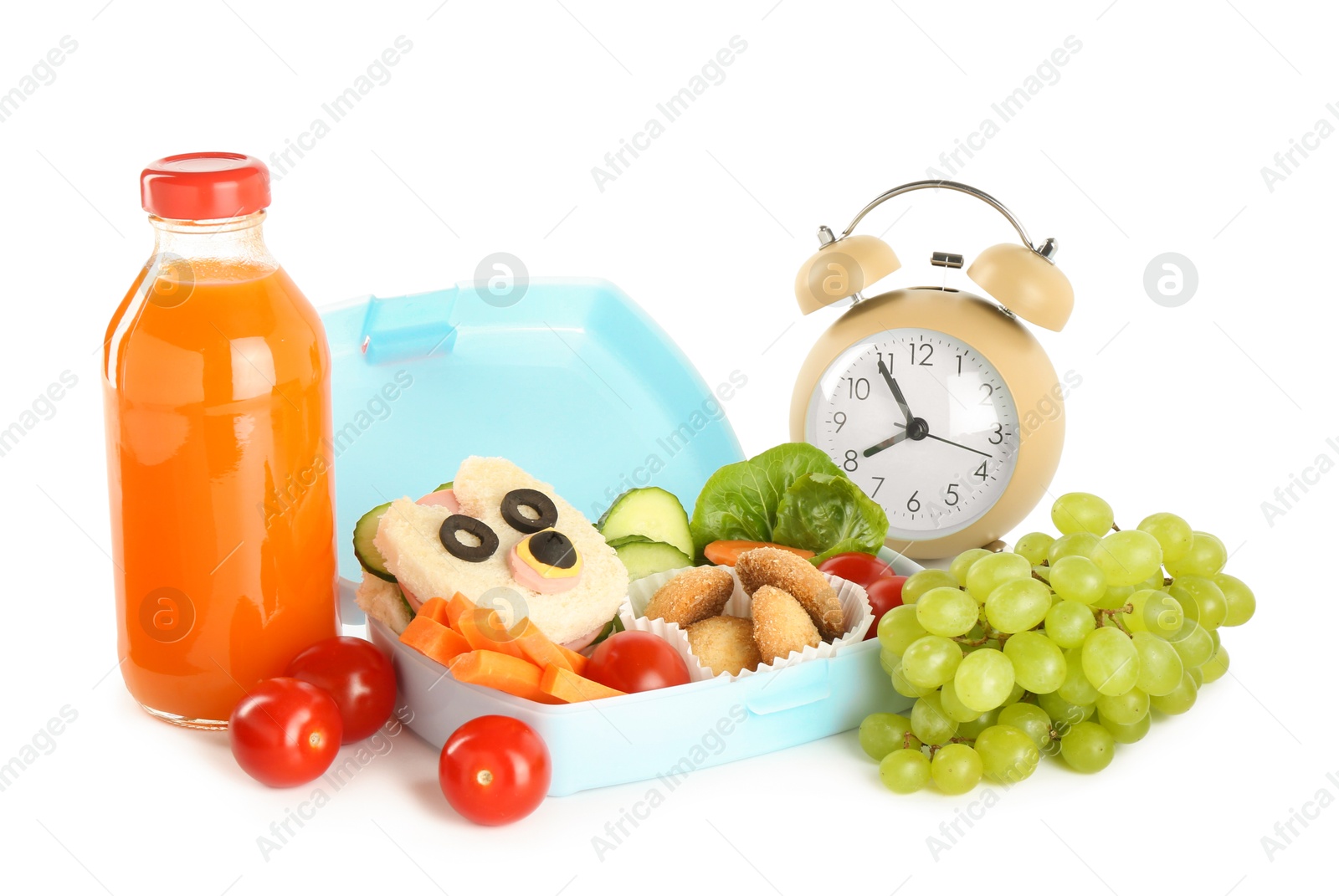 Photo of Lunch box with snacks, bottle of juice and alarm clock isolated on white