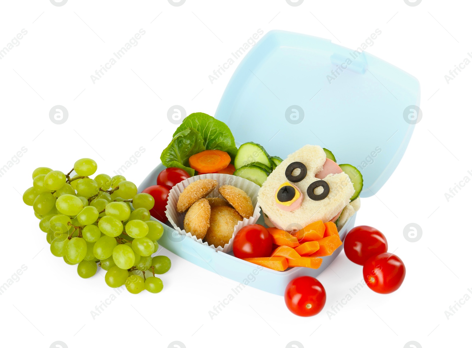 Photo of Lunch box with sandwich, fresh vegetables, cookies and grapes isolated on white