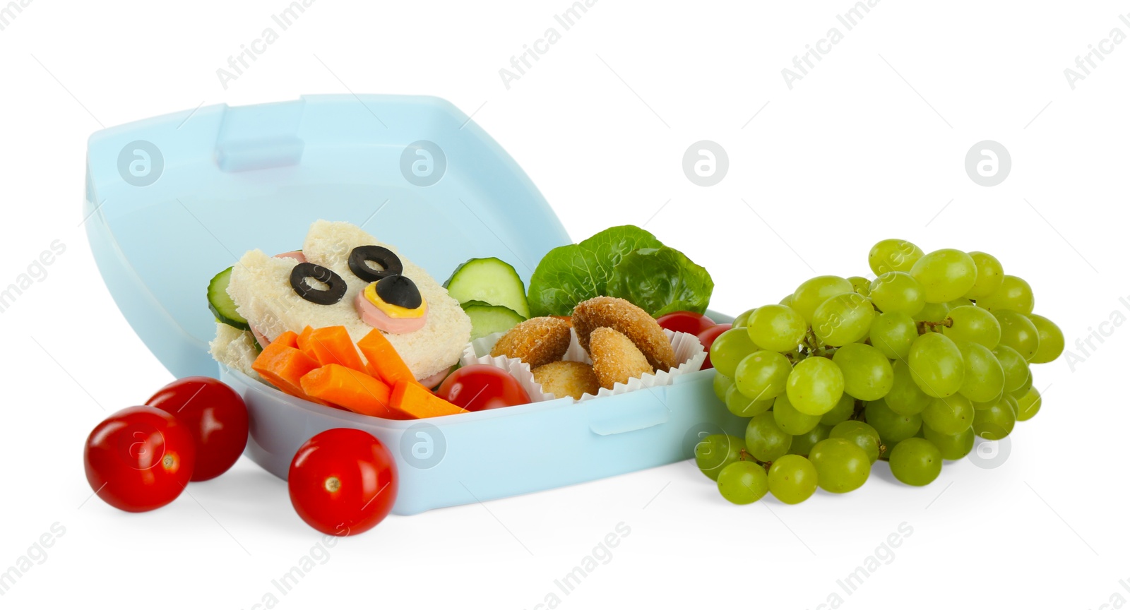 Photo of Lunch box with sandwich, fresh vegetables, cookies and grapes isolated on white