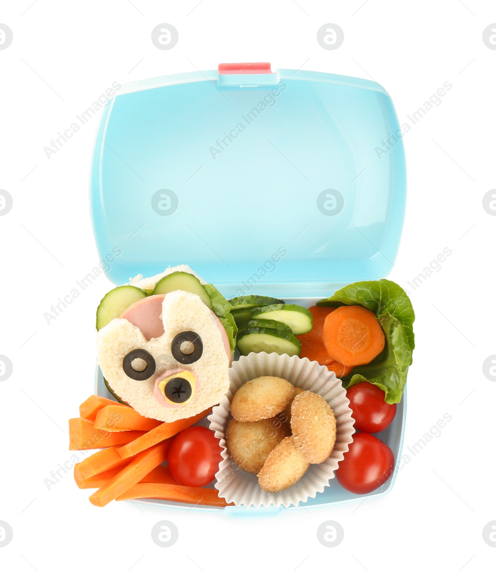 Photo of Lunch box with sandwich, fresh vegetables and cookies isolated on white, top view