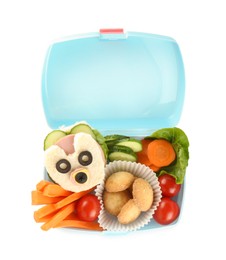 Photo of Lunch box with sandwich, fresh vegetables and cookies isolated on white, top view