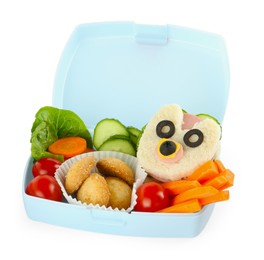 Photo of Lunch box with sandwich, fresh vegetables and cookies isolated on white