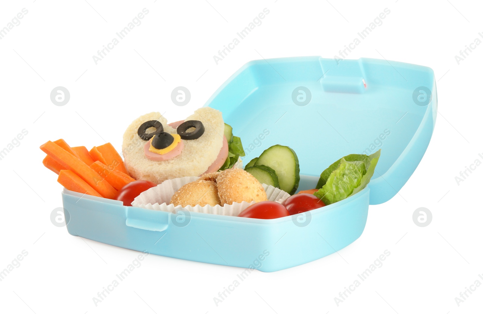 Photo of Lunch box with sandwich, fresh vegetables and cookies isolated on white