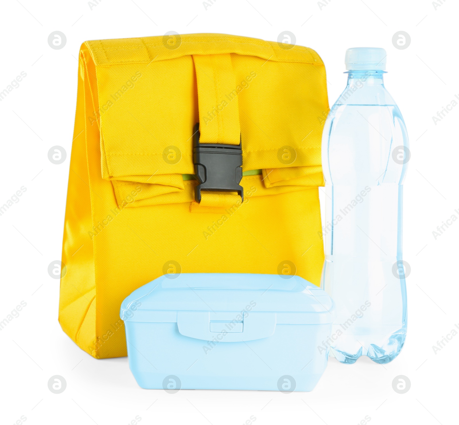 Photo of Yellow bag, plastic lunch box and bottle of water isolated on white