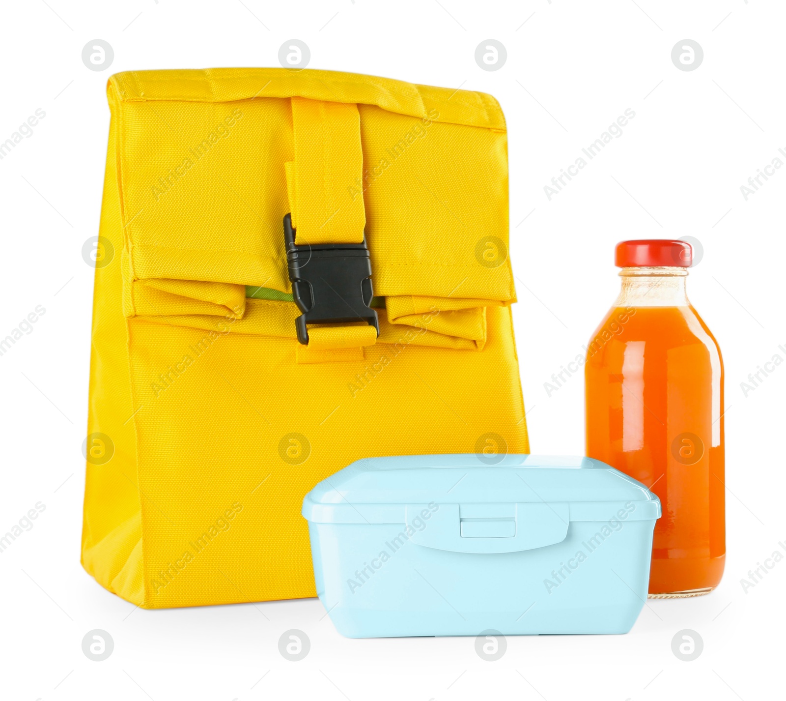 Photo of Yellow bag, plastic lunch box and bottle of juice isolated on white