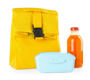 Yellow bag, plastic lunch box and bottle of juice isolated on white