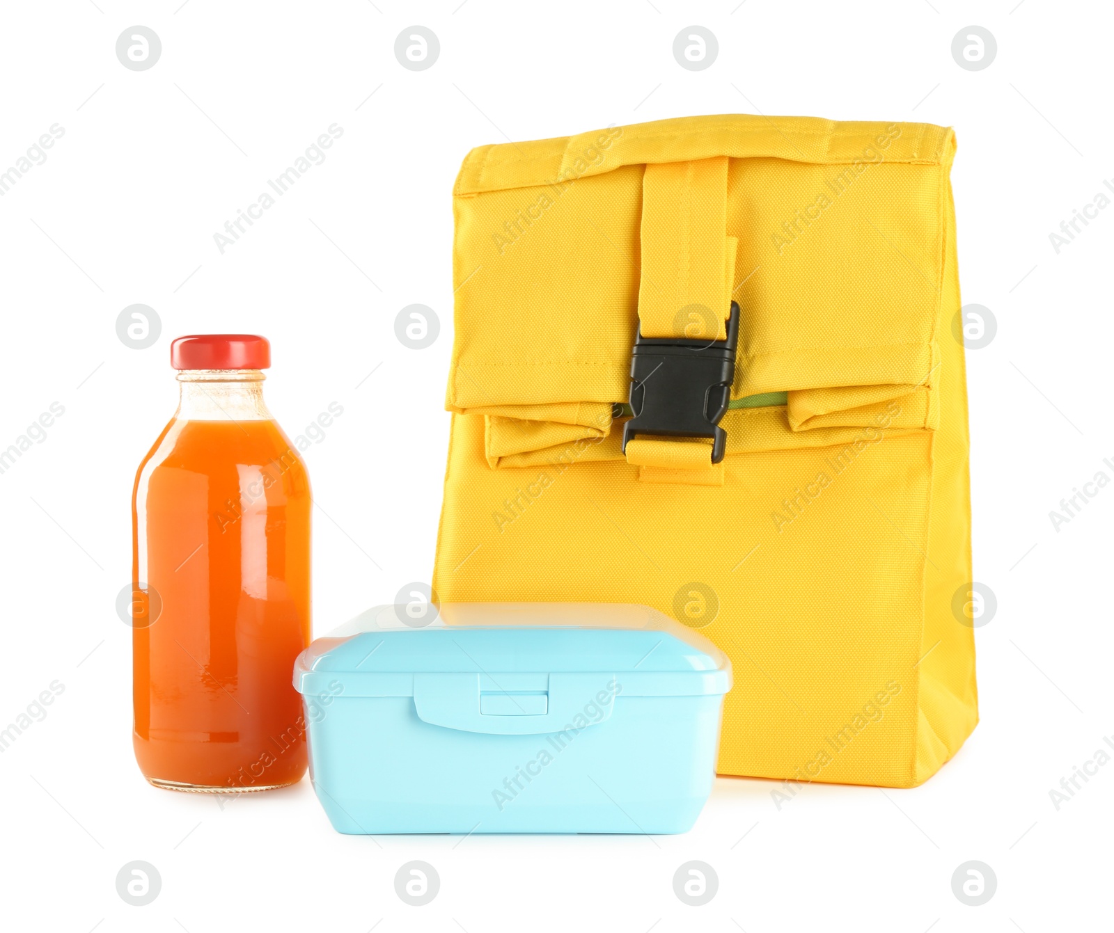 Photo of Yellow bag, plastic lunch box and bottle of juice isolated on white