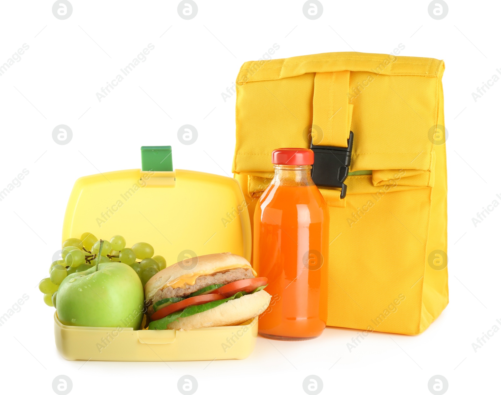 Photo of Plastic lunch box with burger, fresh fruits and bottle of juice isolated on white