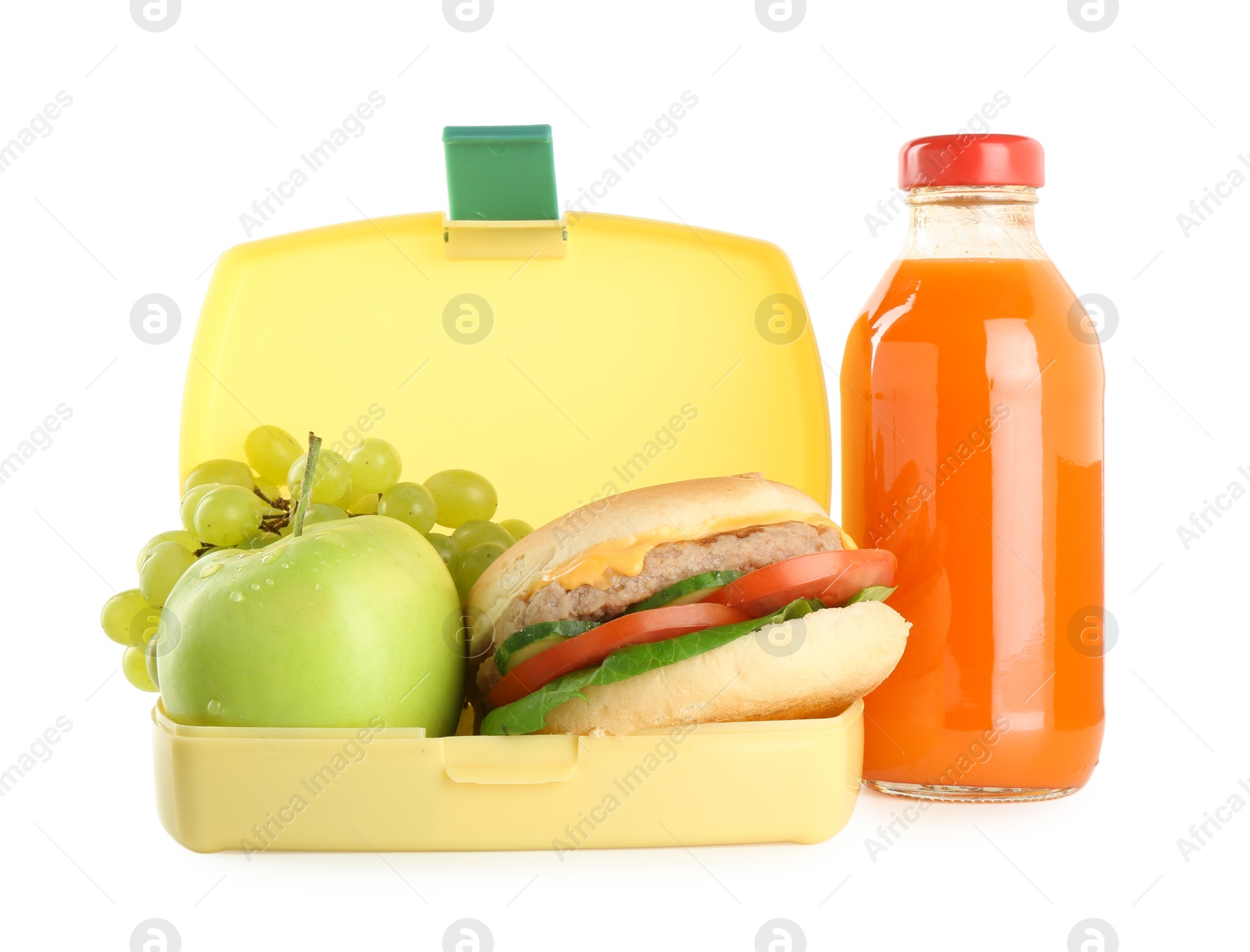 Photo of Plastic lunch box with burger, fresh fruits and bottle of juice isolated on white