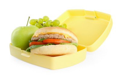 Photo of Plastic lunch box with burger and fresh fruits isolated on white