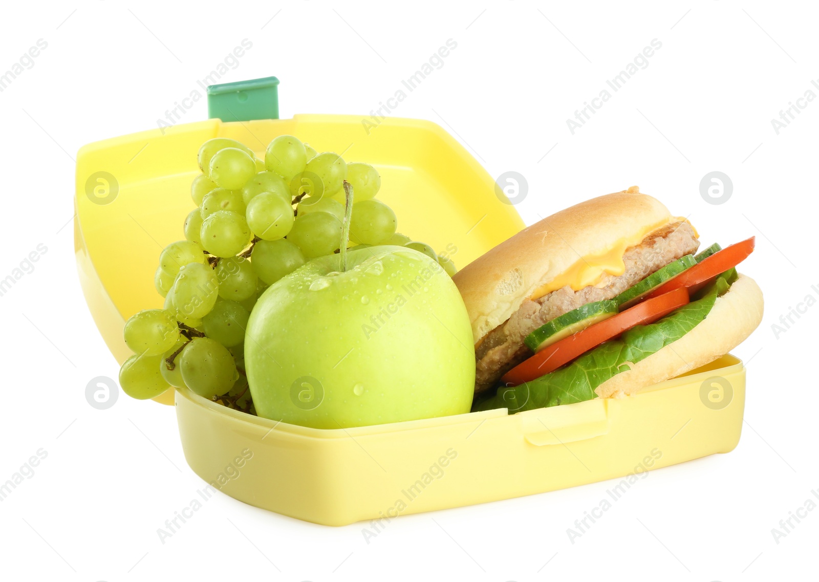 Photo of Plastic lunch box with burger and fresh fruits isolated on white