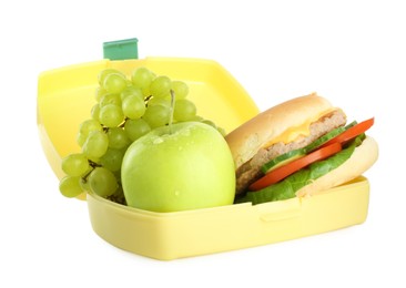 Photo of Plastic lunch box with burger and fresh fruits isolated on white