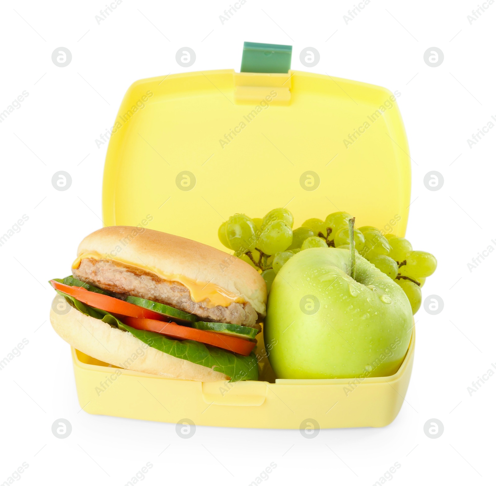 Photo of Plastic lunch box with burger and fresh fruits isolated on white