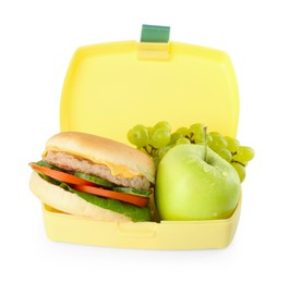 Photo of Plastic lunch box with burger and fresh fruits isolated on white