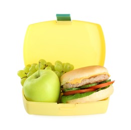 Photo of Plastic lunch box with burger and fresh fruits isolated on white