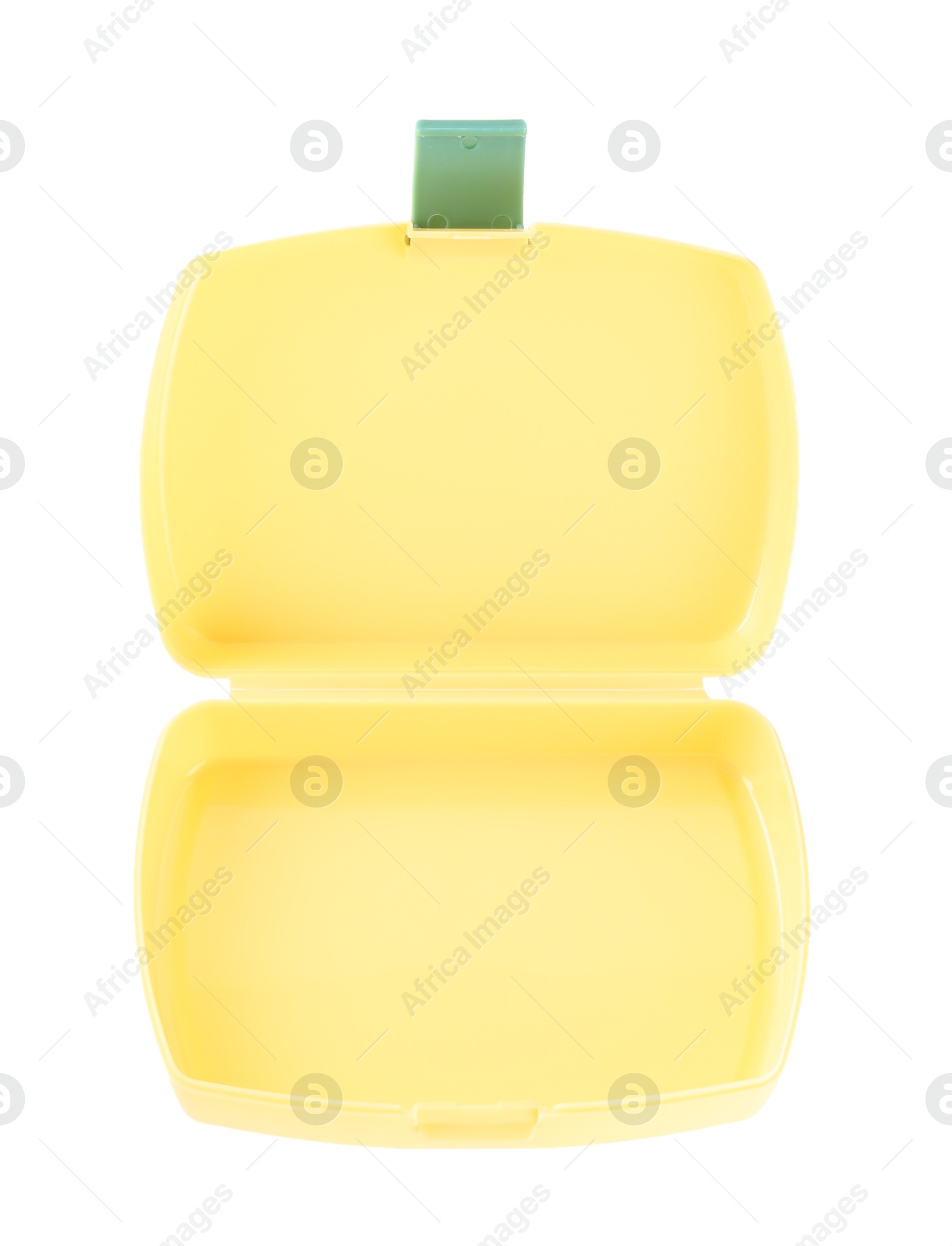 Photo of One plastic lunch box isolated on white, top view