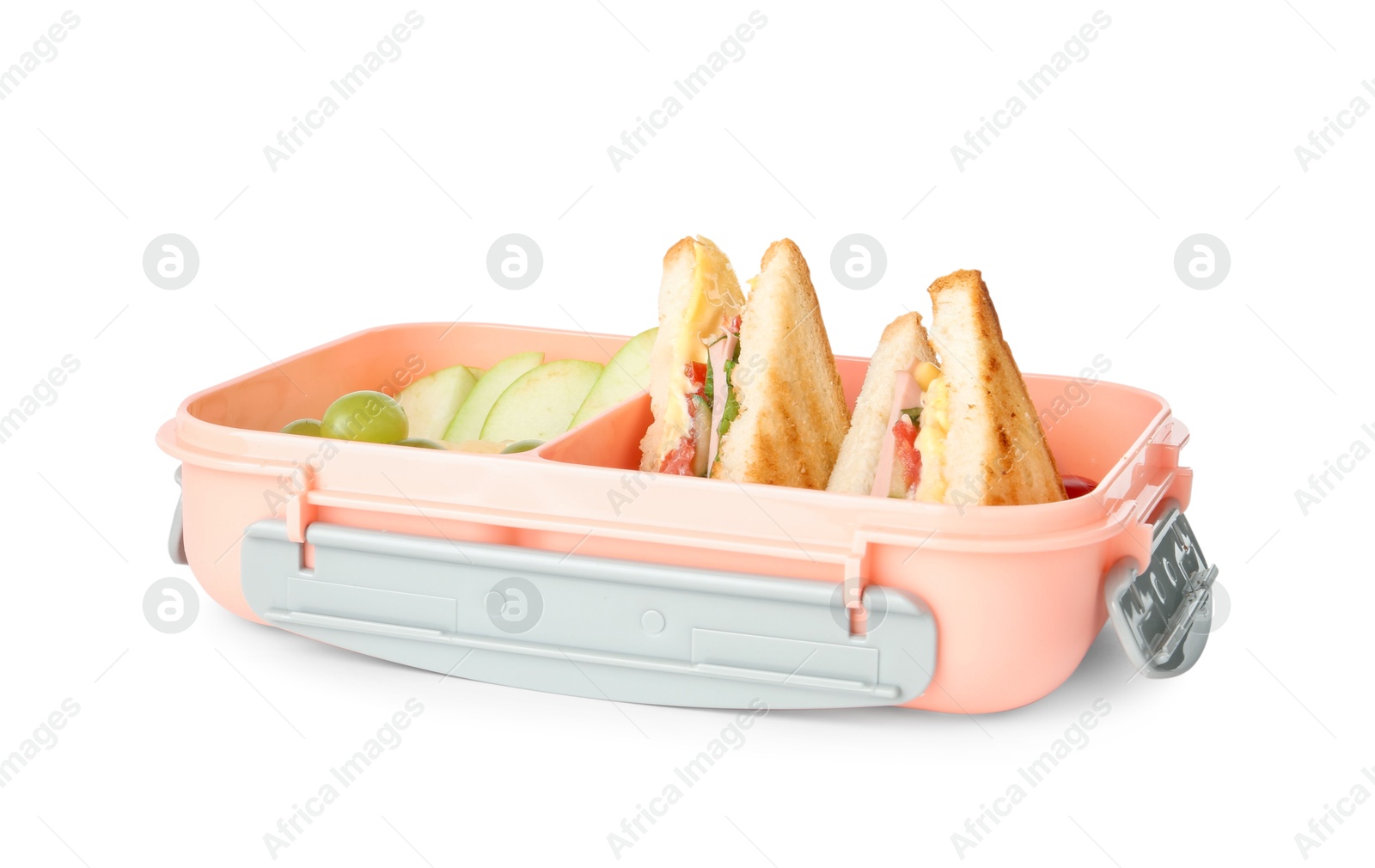 Photo of Lunch box with sandwiches and fruits isolated on white