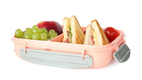 Photo of Lunch box with sandwiches, fruits and tomatoes isolated on white