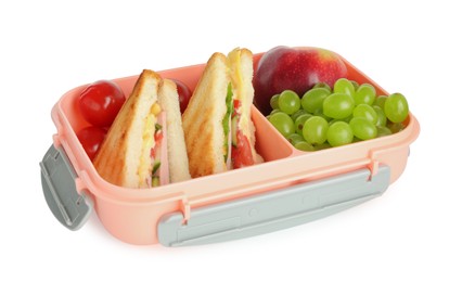 Photo of Lunch box with sandwiches, fruits and tomatoes isolated on white