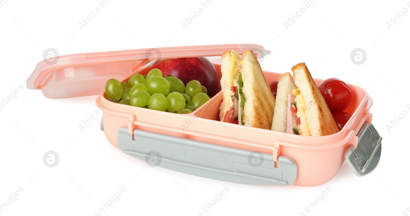 Photo of Lunch box with sandwiches, fruits and tomatoes isolated on white