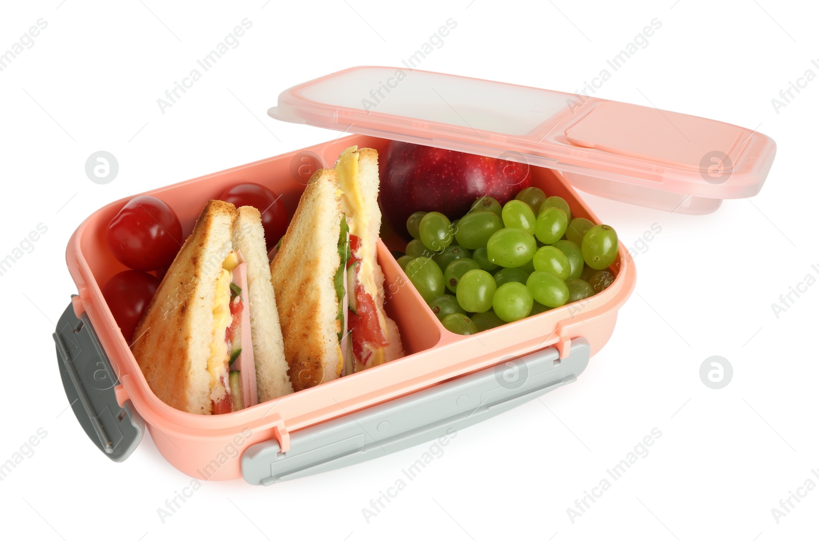 Photo of Lunch box with sandwiches, fruits and tomatoes isolated on white