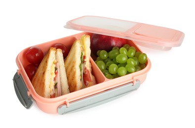 Lunch box with sandwiches, fruits and tomatoes isolated on white