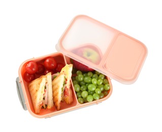 Photo of Lunch box with sandwiches, fruits and tomatoes isolated on white, top view