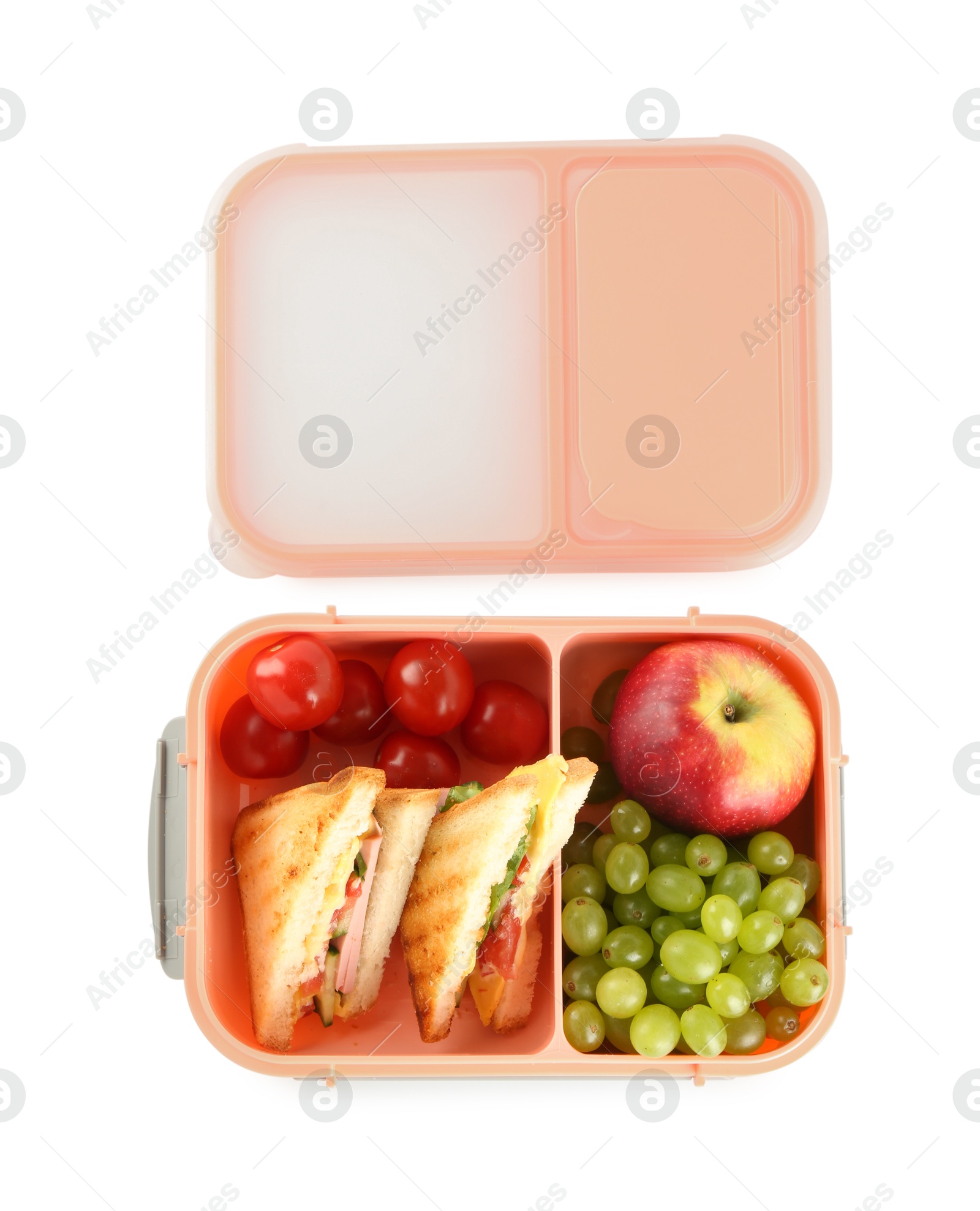 Photo of Lunch box with sandwiches, fruits and tomatoes isolated on white, top view