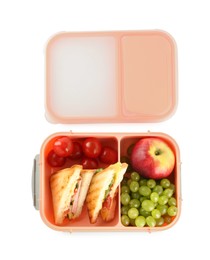 Photo of Lunch box with sandwiches, fruits and tomatoes isolated on white, top view