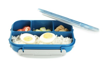 Photo of Lunch box with rice, fruits, tomatoes and egg halves isolated on white