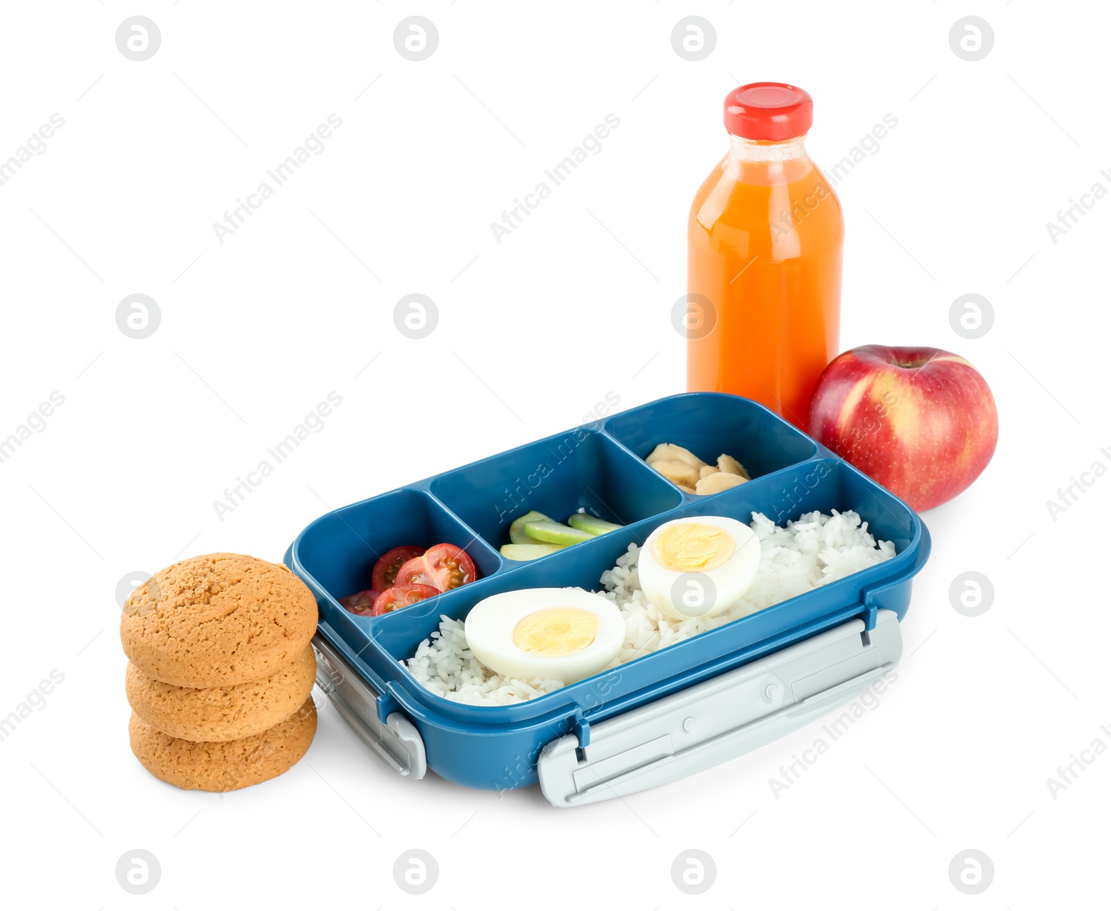 Photo of Lunch box with snacks and bottle of juice isolated on white