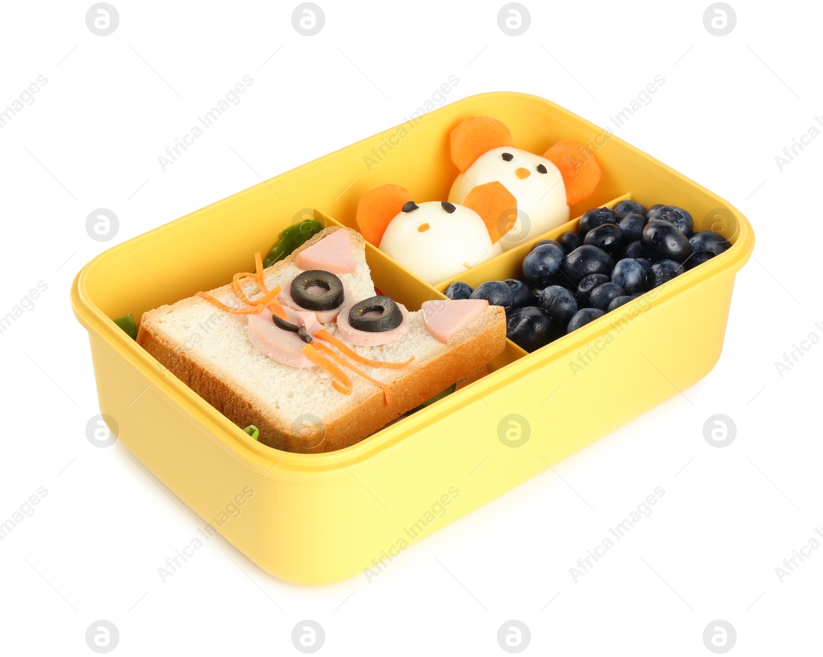 Photo of Lunch box with sandwich, eggs and blueberries isolated on white