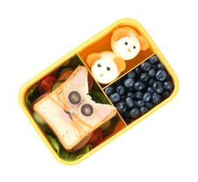 Photo of Lunch box with sandwich, eggs and blueberries isolated on white, top view