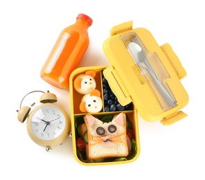 Photo of Lunch box with snacks, bottle of juice, cutlery and alarm clock isolated on white, top view