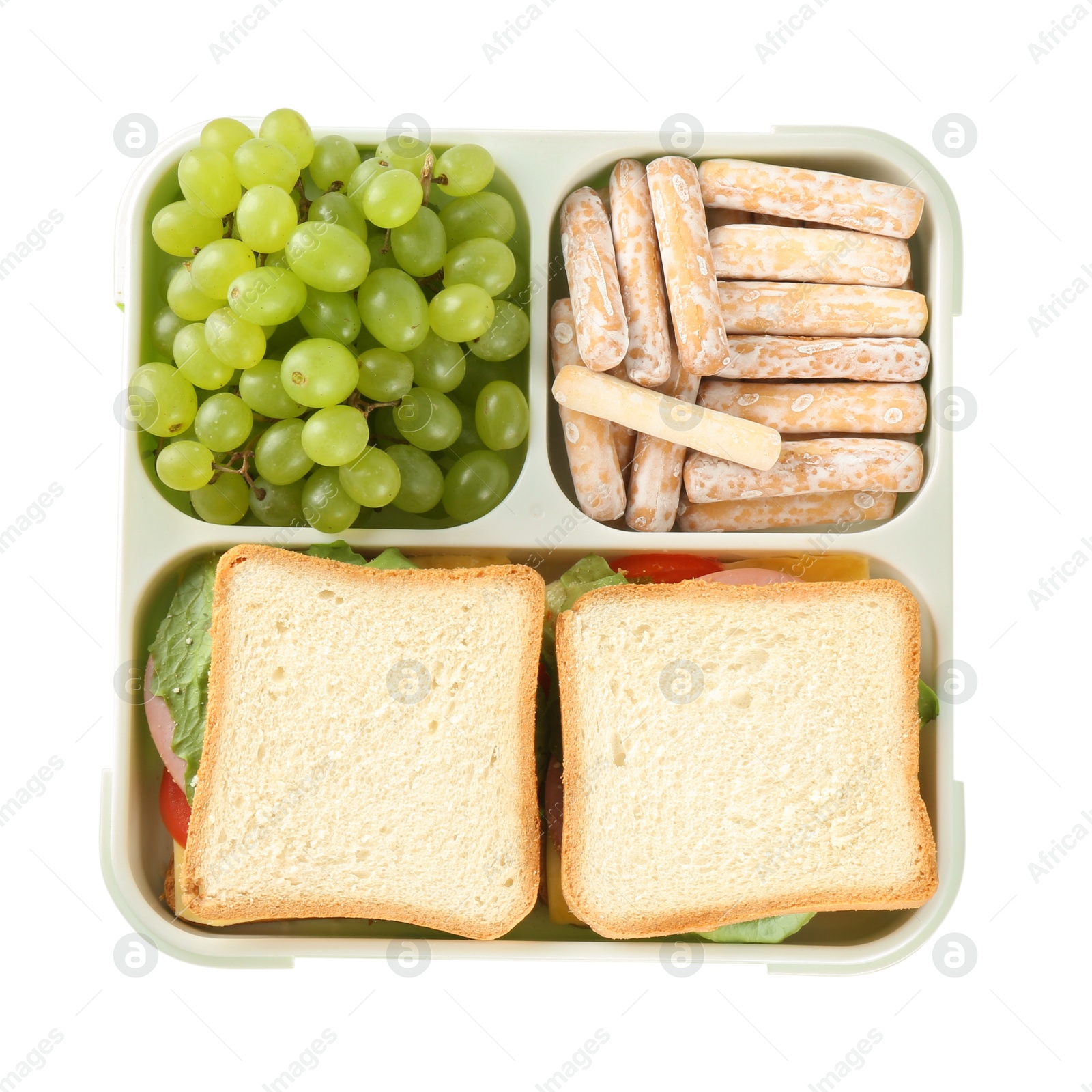 Photo of Lunch box with sandwiches, grapes and cookies isolated on white, top view