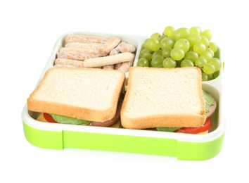 Photo of Lunch box with sandwiches, grapes and cookies isolated on white