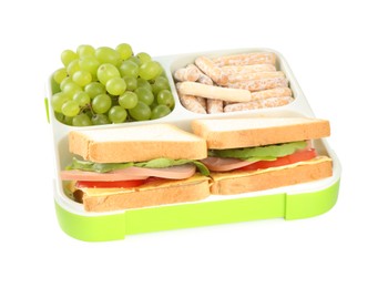 Photo of Lunch box with sandwiches, grapes and cookies isolated on white