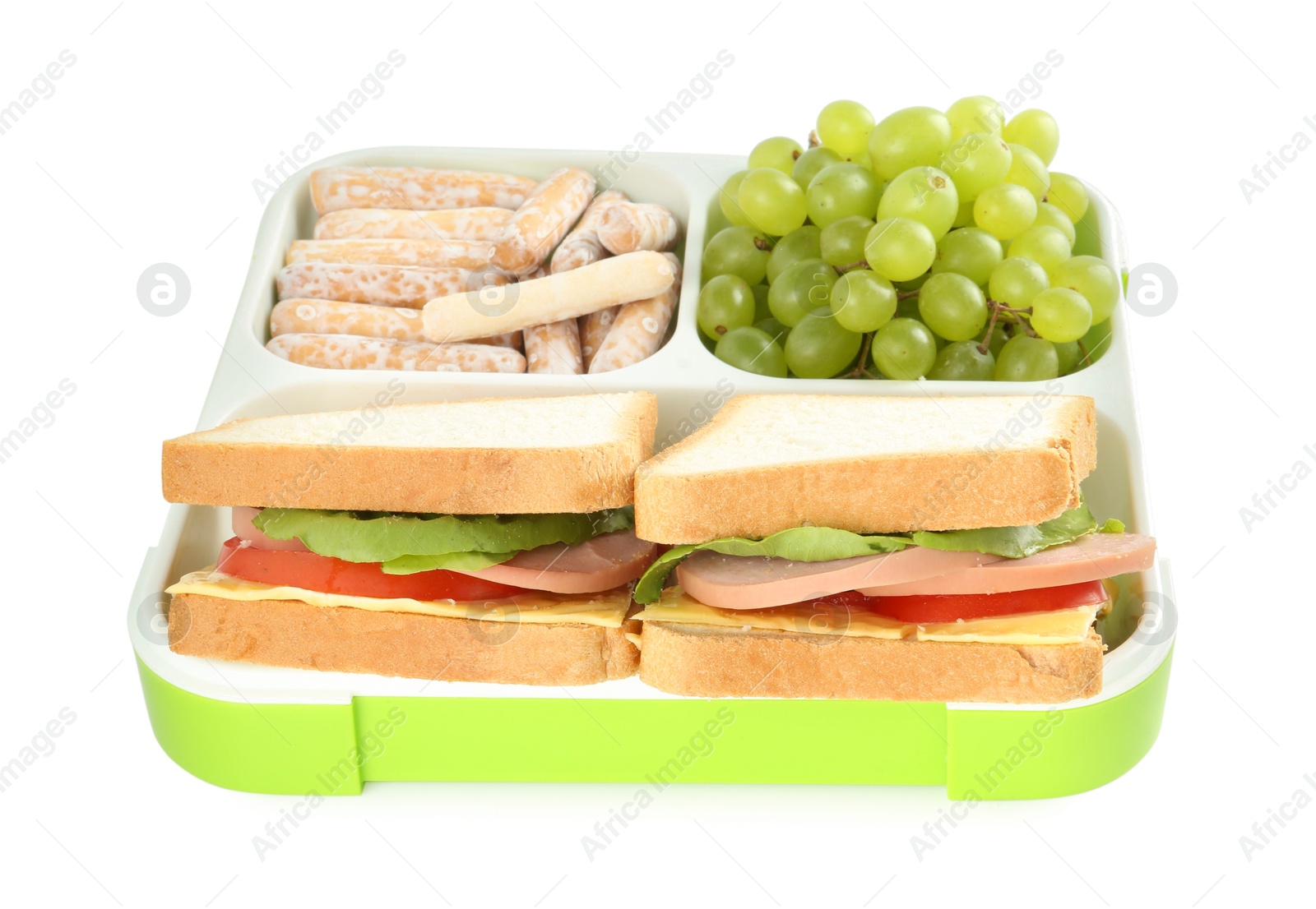 Photo of Lunch box with sandwiches, grapes and cookies isolated on white