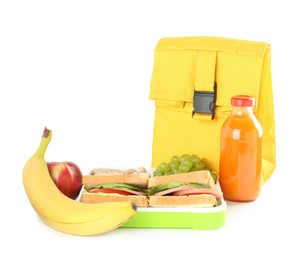 Photo of Yellow bag, lunch box with snacks and bottle of juice isolated on white