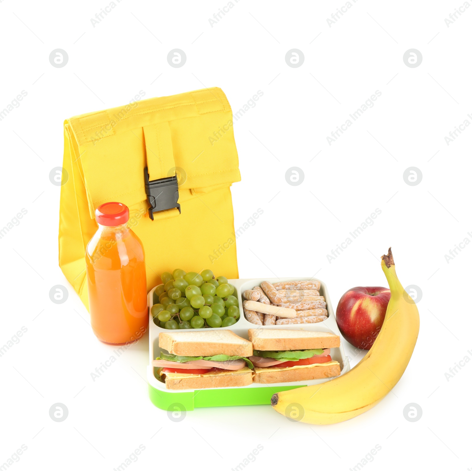 Photo of Yellow bag, lunch box with snacks and bottle of juice isolated on white