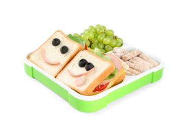 Photo of Sandwiches with smiley faces, grapes and cookies in lunch box isolated on white