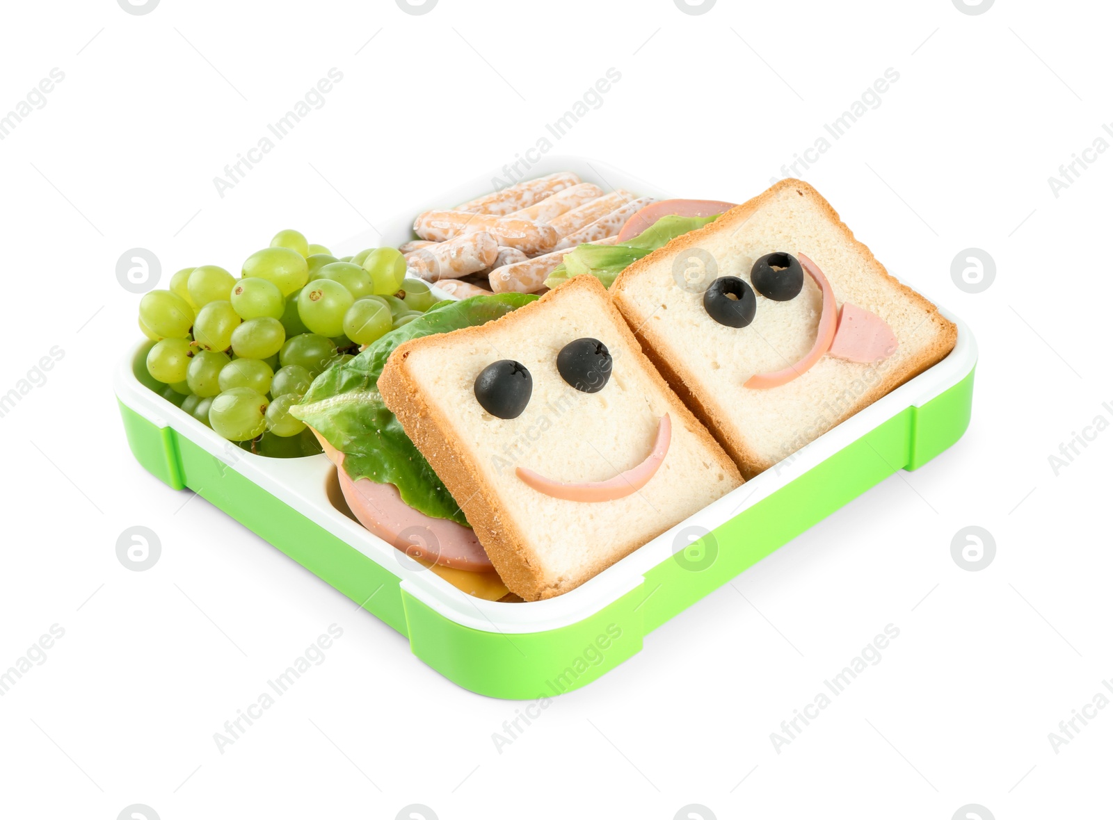 Photo of Sandwiches with smiley faces, grapes and cookies in lunch box isolated on white