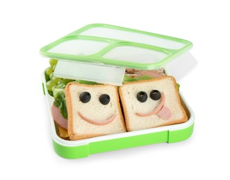 Photo of Sandwiches with smiley faces and grapes in lunch box isolated on white