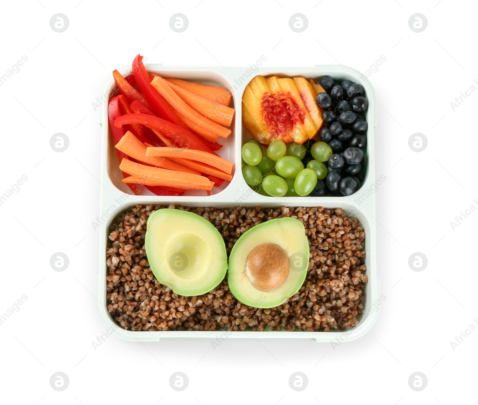 Photo of Lunch box with buckwheat, fruits and vegetables isolated on white, top view