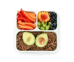 Photo of Lunch box with buckwheat, fruits and vegetables isolated on white, top view