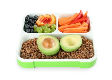 Photo of Lunch box with buckwheat, fruits and vegetables isolated on white