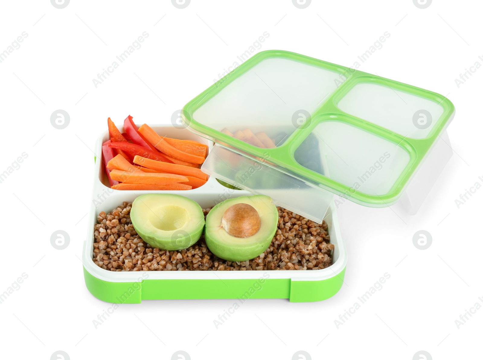 Photo of Lunch box with buckwheat, fruits and vegetables isolated on white