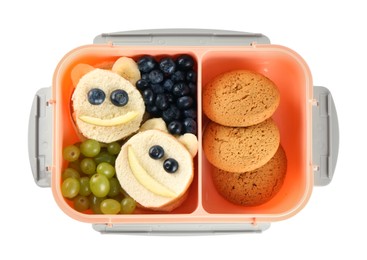 Photo of Lunch box with sandwiches, grapes, blueberries and cookies isolated on white, top view