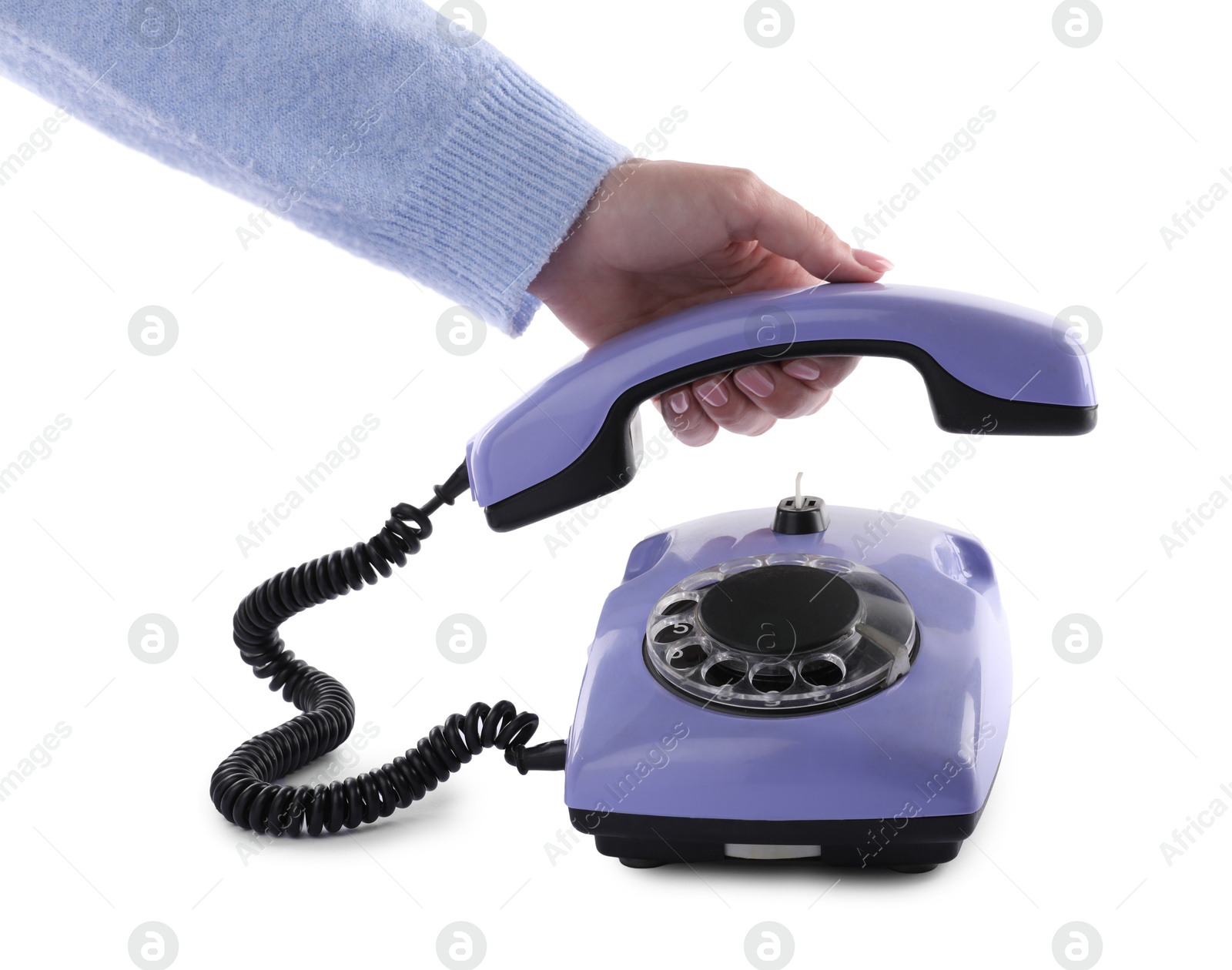 Photo of Woman using telephone on white background, closeup